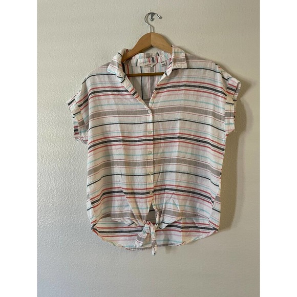 Weatherproof Vintage Size S Tie Front Top Multi Stripe Washable Linen Button Up - Picture 5 of 11